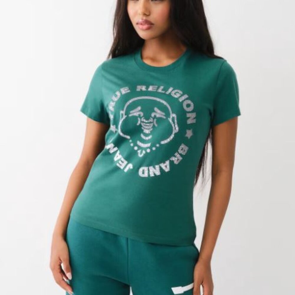 NWT Womens True Religion Crystal Buddha Crew Tee Green S
